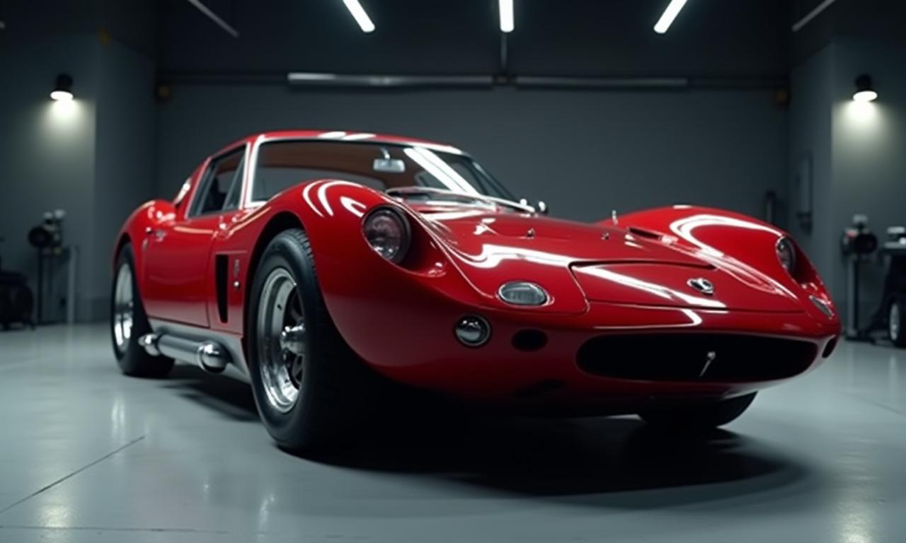 Un impoluto coche deportivo clásico de color rojo en un garaje moderno.