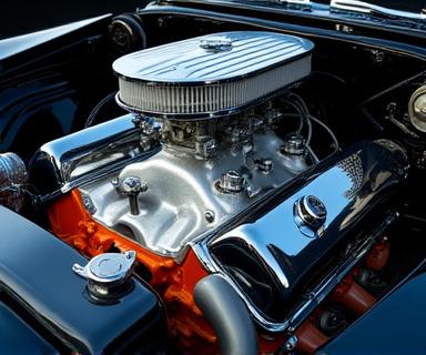 Primer plano de un motor V8 clásico meticulosamente limpio.